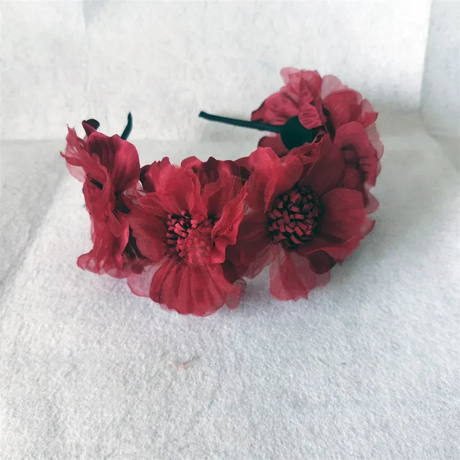 Girls red floral headband with large fabric flowers for babies and kids accessories
