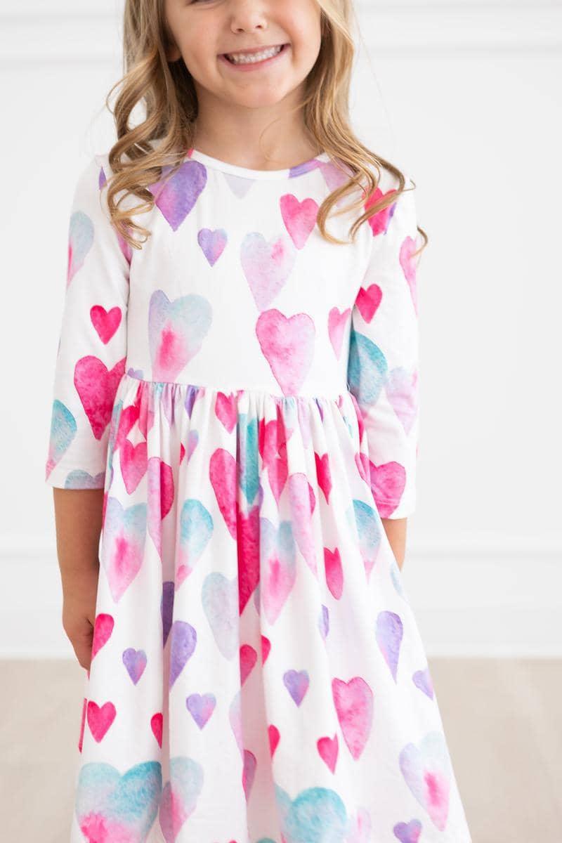 Light Hearted Girls Heart Print Twirl Dress 3/4 Sleeve - The Palm Beach Baby