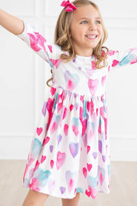 Light Hearted Girls Heart Print Twirl Dress 3/4 Sleeve - The Palm Beach Baby