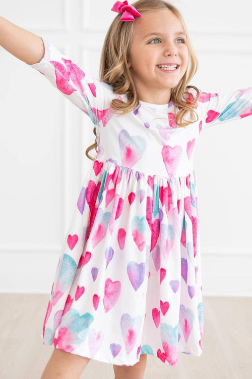 Light Hearted Girls Heart Print Twirl Dress 3/4 Sleeve - The Palm Beach Baby