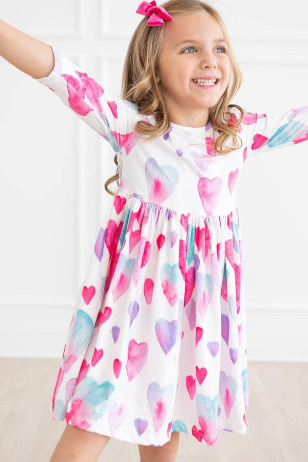 Light Hearted Girls Heart Print Twirl Dress 3/4 Sleeve - The Palm Beach Baby