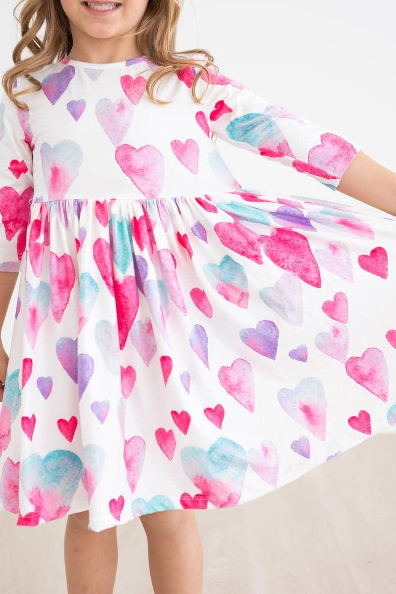 Light Hearted Girls Heart Print Twirl Dress 3/4 Sleeve - The Palm Beach Baby