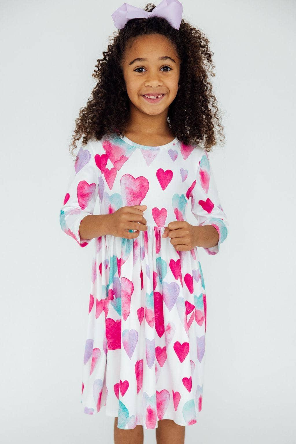 Light Hearted Girls Heart Print Twirl Dress 3/4 Sleeve - The Palm Beach Baby