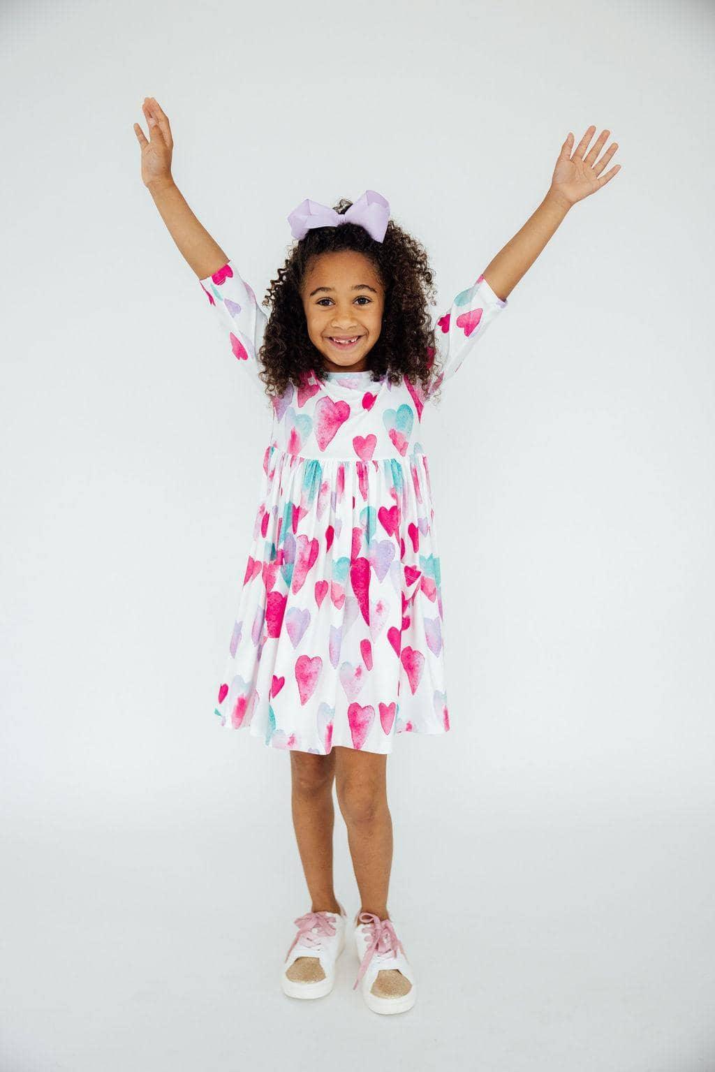 Light Hearted Girls Heart Print Twirl Dress 3/4 Sleeve - The Palm Beach Baby