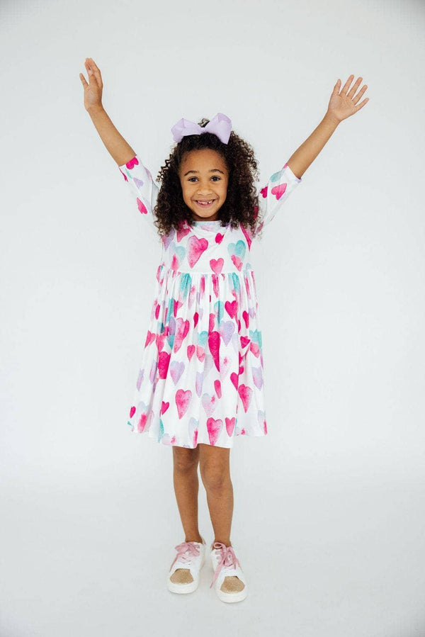 Light Hearted Girls Heart Print Twirl Dress 3/4 Sleeve - The Palm Beach Baby