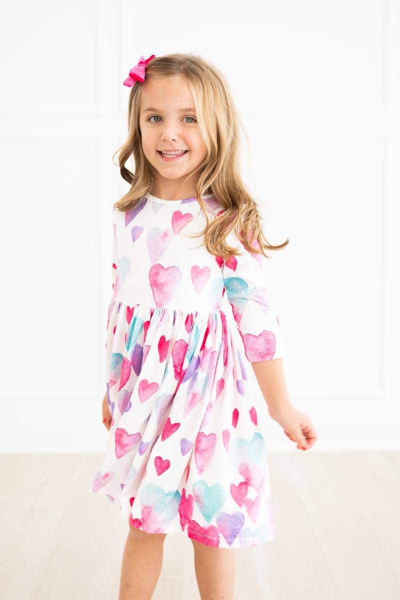 Light Hearted Girls Heart Print Twirl Dress 3/4 Sleeve - The Palm Beach Baby