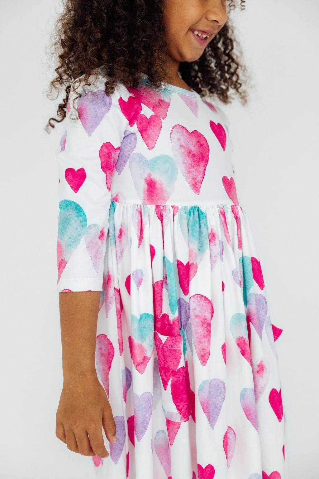 Light Hearted Girls Heart Print Twirl Dress 3/4 Sleeve - The Palm Beach Baby