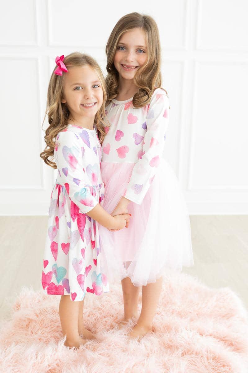 Light Hearted Girls Heart Print Twirl Dress 3/4 Sleeve - The Palm Beach Baby