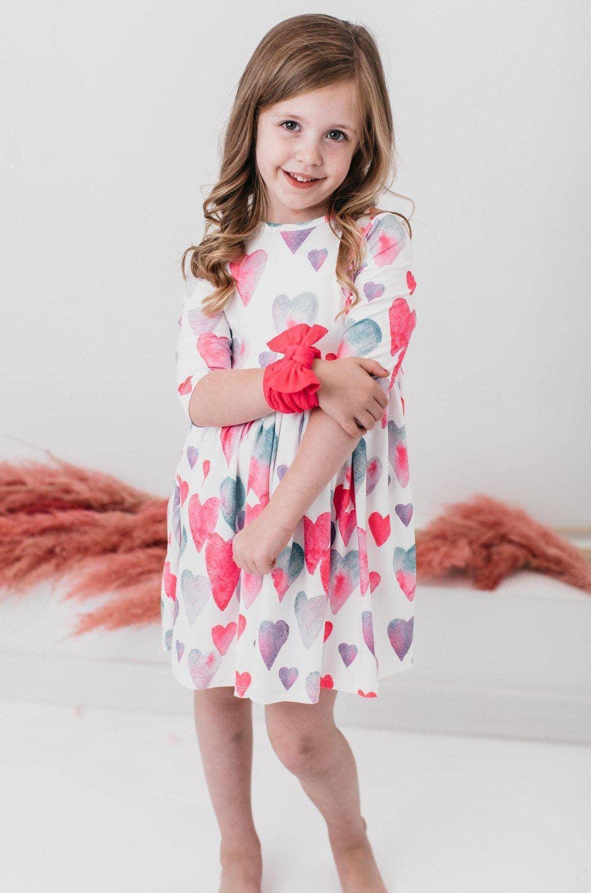 Light Hearted Girls Heart Print Twirl Dress 3/4 Sleeve - The Palm Beach Baby