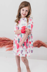 Light Hearted Girls Heart Print Twirl Dress 3/4 Sleeve - The Palm Beach Baby