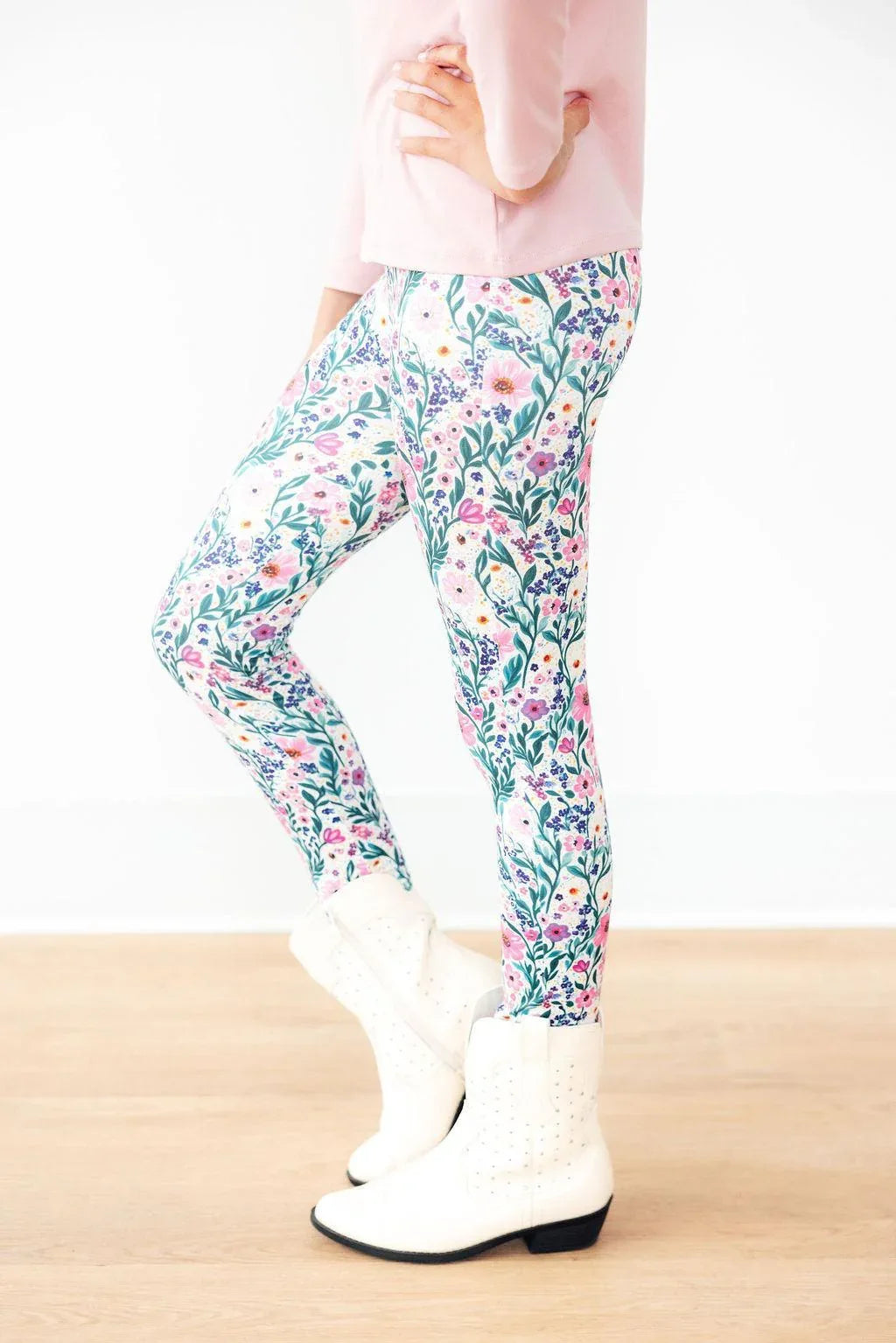 Girls high waisted leggings in white with colorful floral print for kids