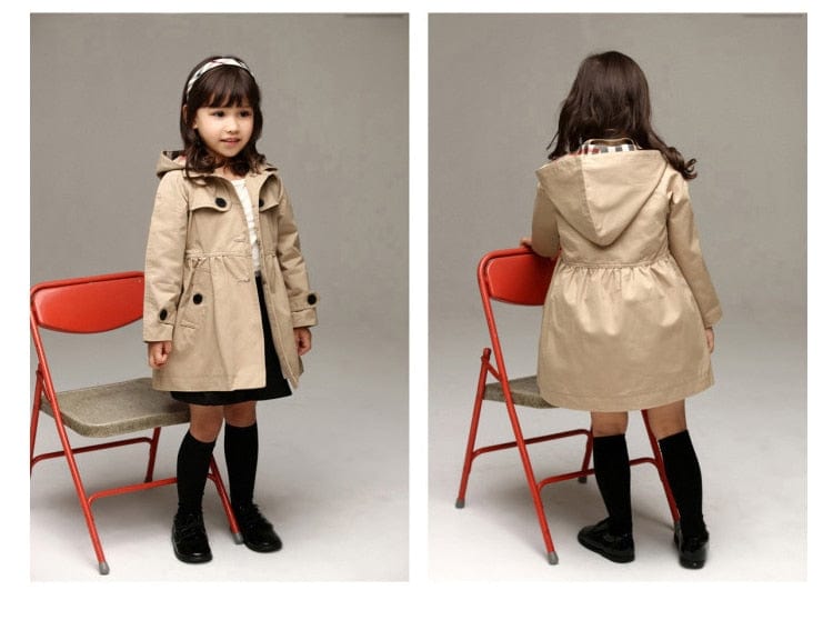 Girls beige hooded trench coat for kids with button details and gathered waist