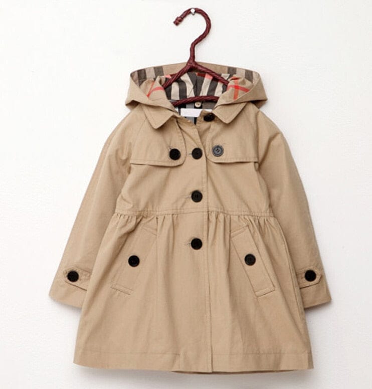 girls beige hooded trench coat with black buttons and plaid inner lining for kids