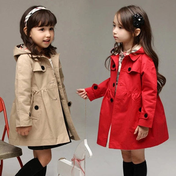Girls hooded trench coat in beige and red colors for toddler girls with button closure and long sleeves