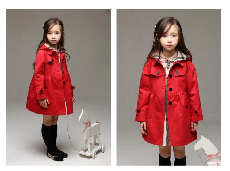 Girls red hooded trench coat for kids with button closure and waist tie