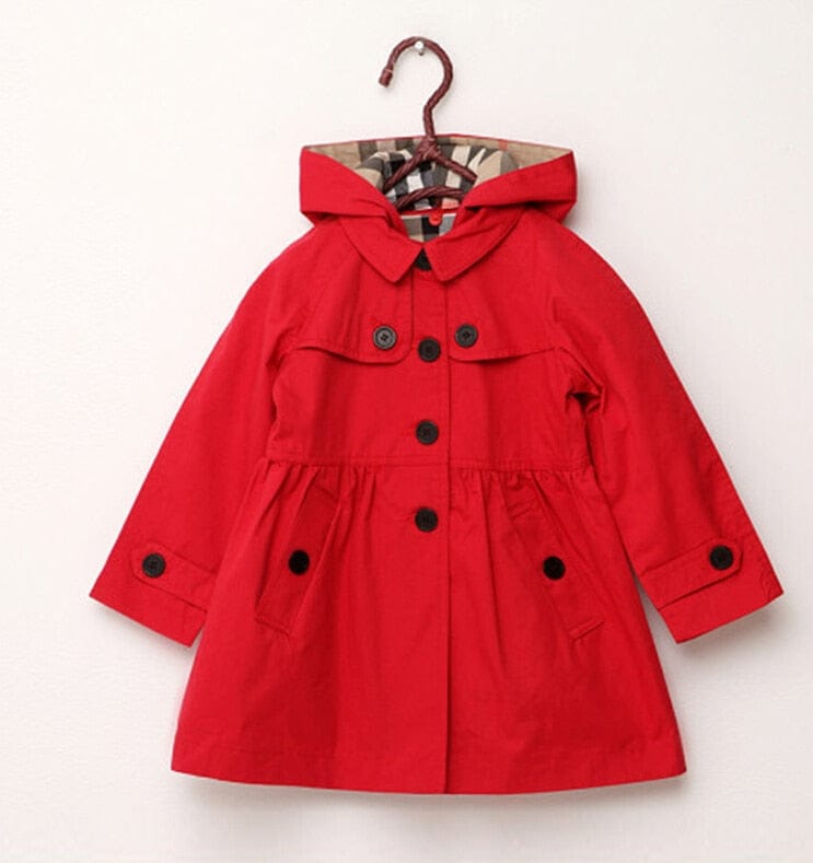 girls red hooded trench coat with button details and plaid lining for toddlers