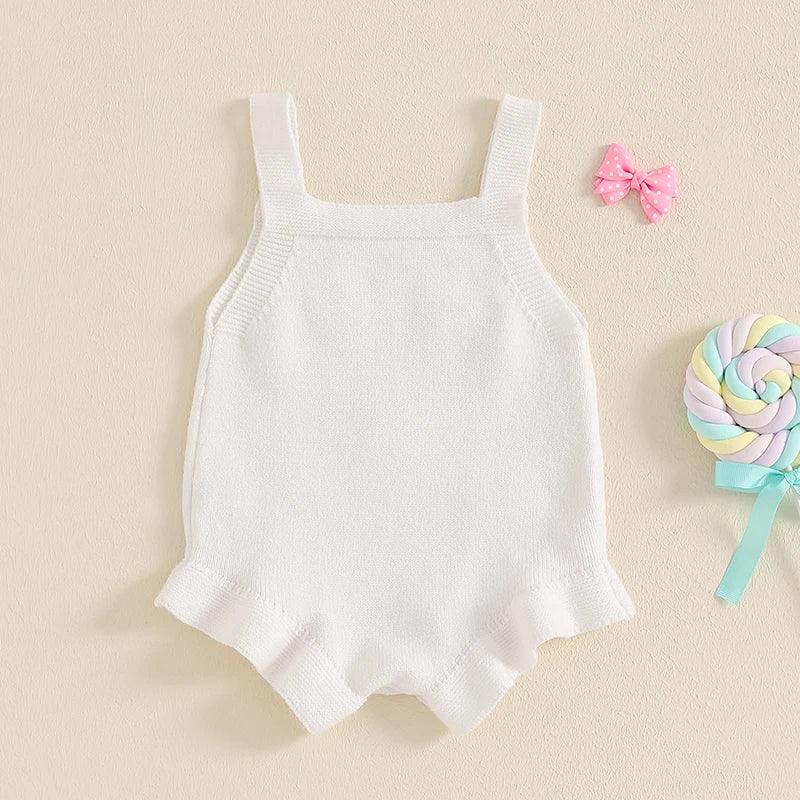 white girls knitted romper overalls for toddlers with ruffled leg edges