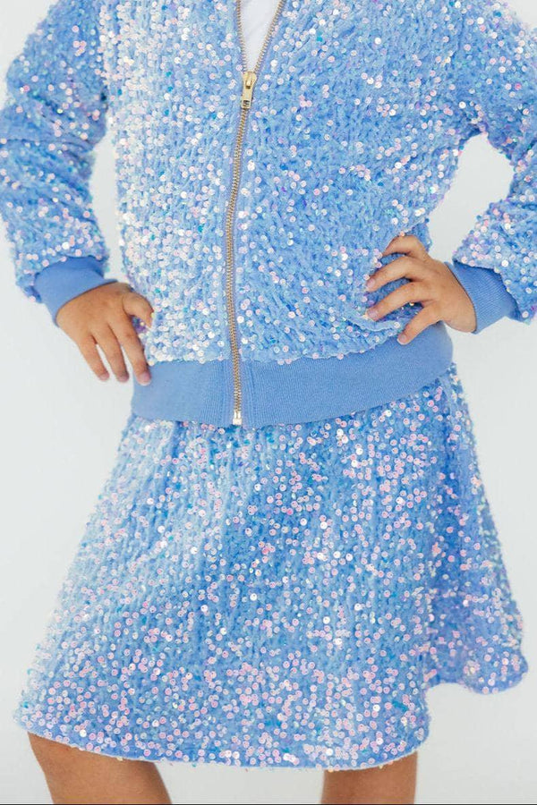 Girls light blue sequin skort in toddler size with sparkling sequins and soft waistband