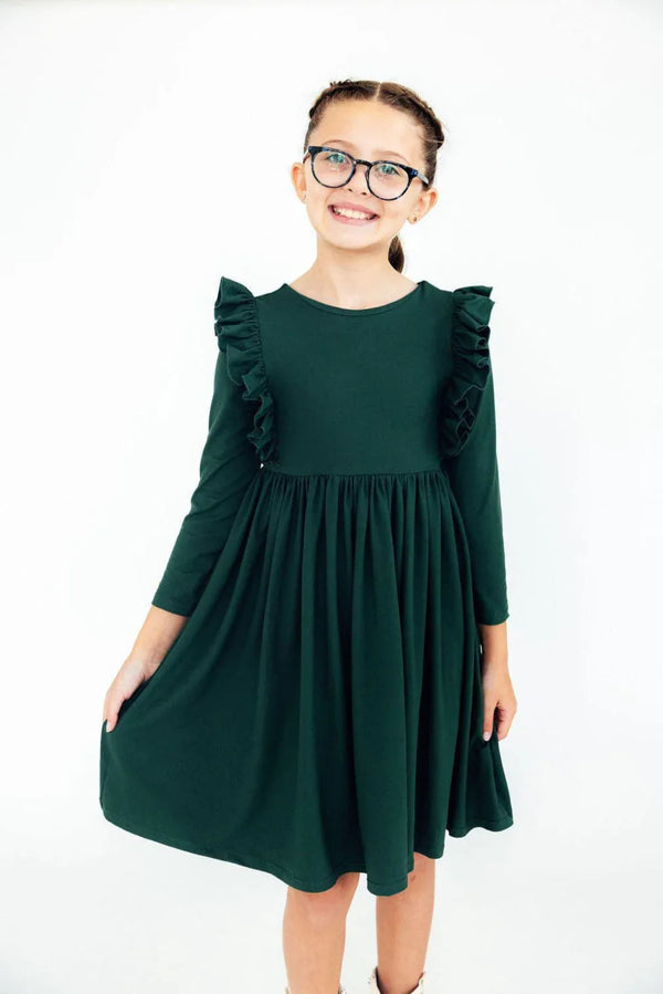 Girls dark green twirl ruffle dress long sleeve in children's size with shoulder ruffles
