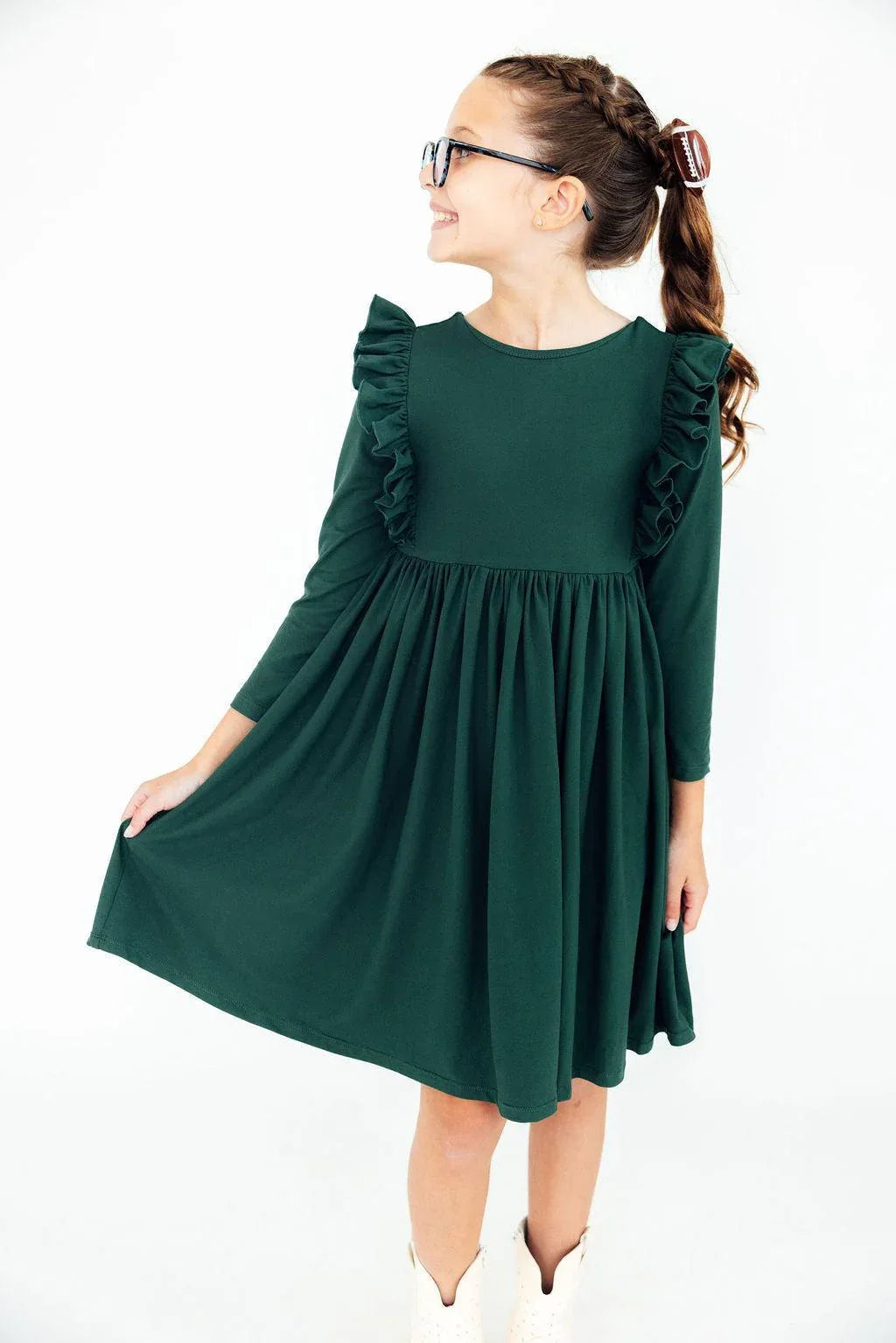 Girls green long sleeve ruffle dress twirl style for kids by Mila & Rose