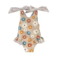 girls one piece swimsuit beige with colorful flower print and striped bow shoulder straps