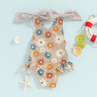 Girls one piece swimsuit with multicolor floral print and striped bow straps for toddlers
