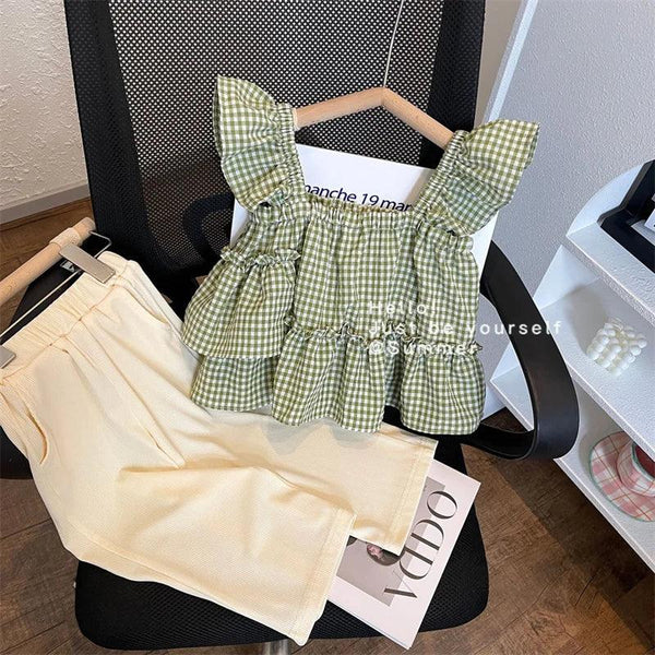 Girls green checkered sleeveless top with ruffle sleeves and cream pants set for toddlers