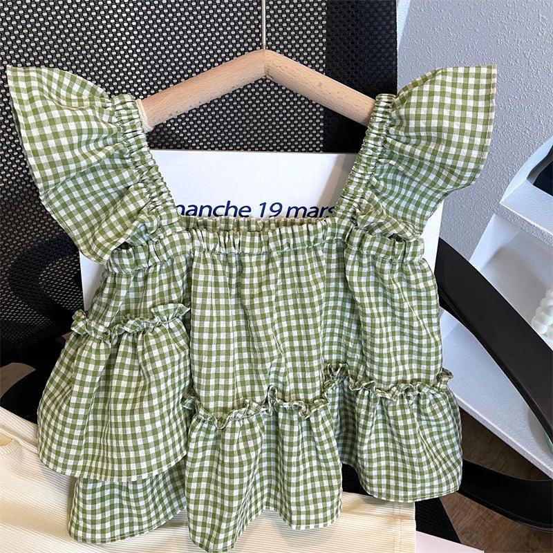 Girls green and white gingham pants set top with ruffled sleeves for babies and kids