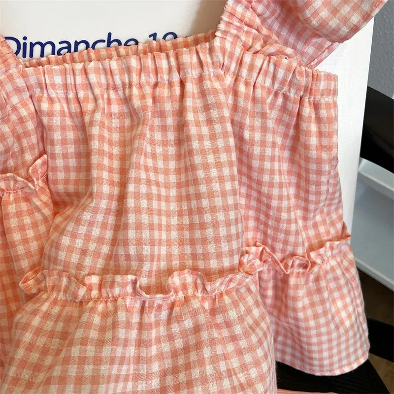 Baby girls pink and white gingham pants set with ruffle detail, estimated size 18-21 months