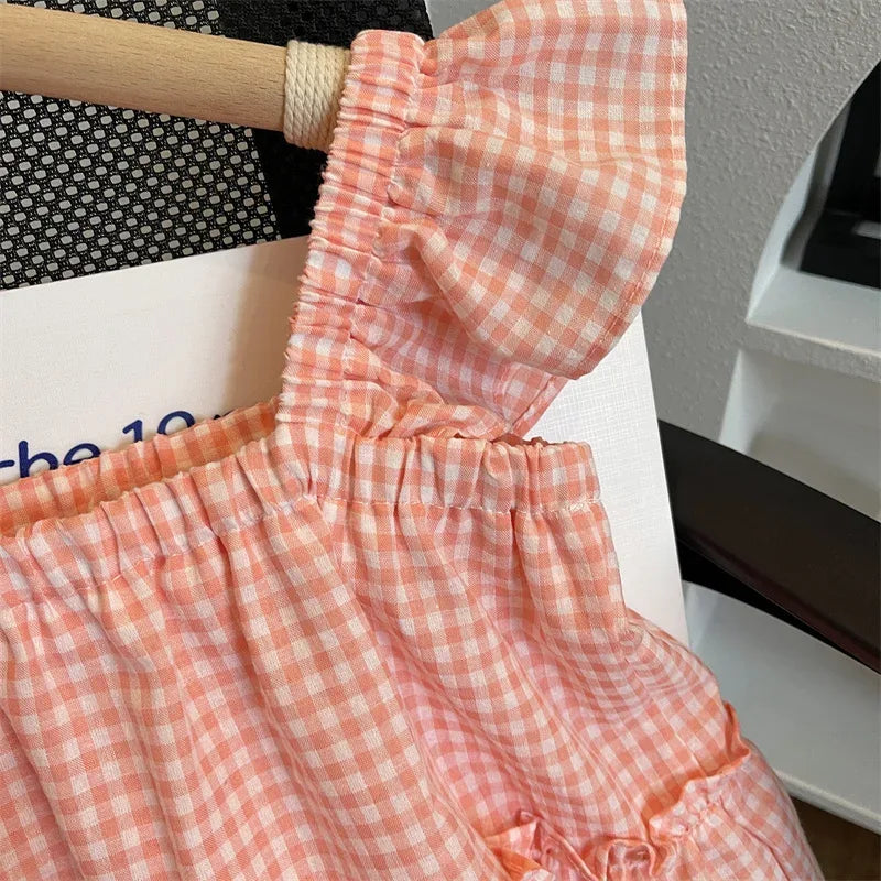 Baby girls pink gingham pants set with ruffle straps and elastic waistband for toddlers