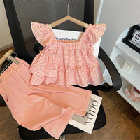 Girls pink gingham pants set with ruffled sleeveless top and elastic waist pants for toddlers