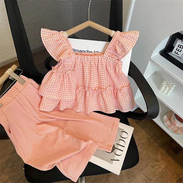 Girls pink gingham pants set with ruffled sleeveless top and elastic waist pants for toddlers