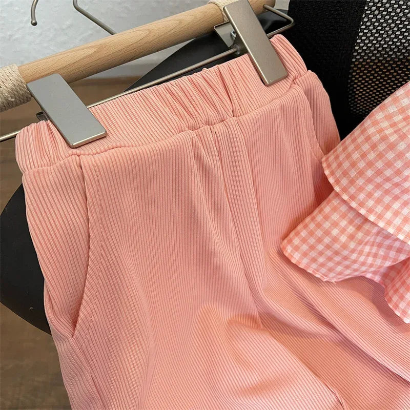 baby pink ribbed pants set for toddlers with elastic waistband and side pockets