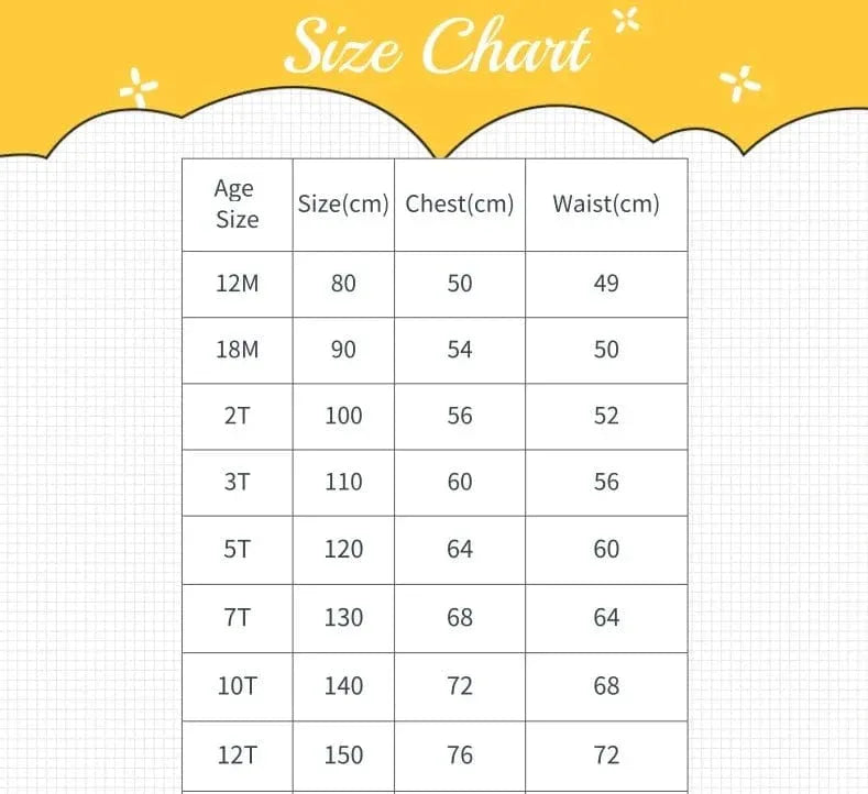 Size chart for girls party dress showing age sizes 12 months to 12T with chest and waist measurements in centimeters