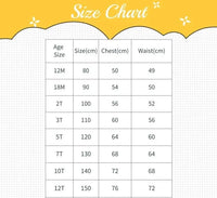 Size chart for girls party dress showing age sizes 12 months to 12T with chest and waist measurements in centimeters