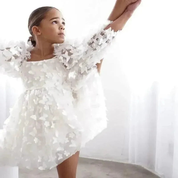 girls white party dress with 3D butterfly appliques, long sleeve, suitable for ages 4 to 6
