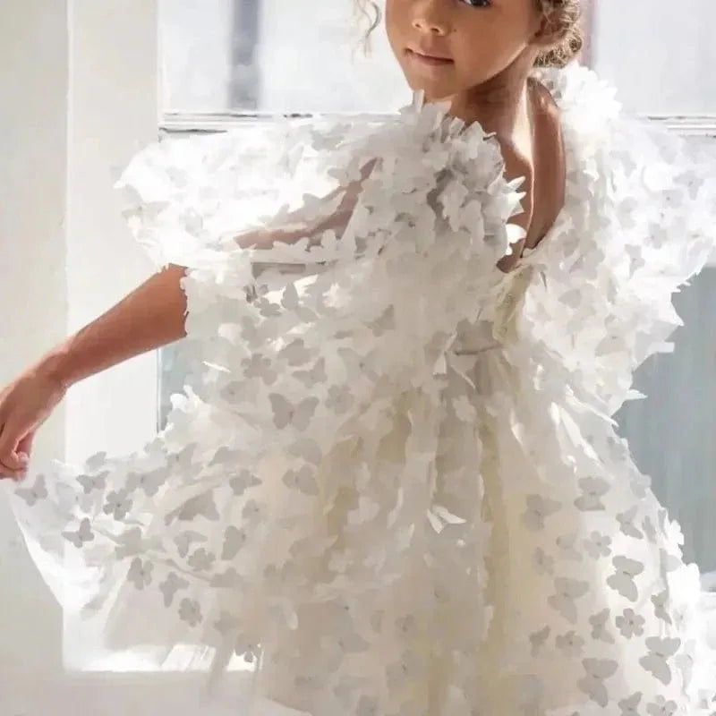 white girls party dress with 3D floral appliques and puff sleeves for toddlers