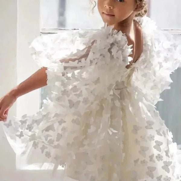 white girls party dress with 3D floral appliques and puff sleeves for toddlers