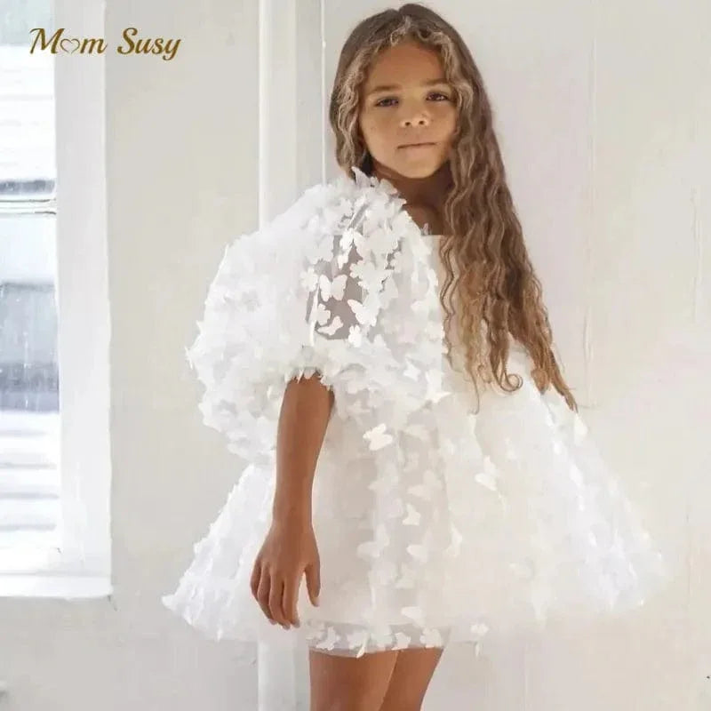 girls white party dress with 3D floral appliques and puff sleeves for kids