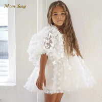girls white party dress with 3D floral appliques and puff sleeves for kids