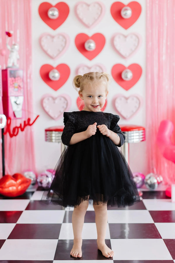 Girls black shimmer tutu dress with flutter sleeves for toddler girls, party dress by Mila and Rose