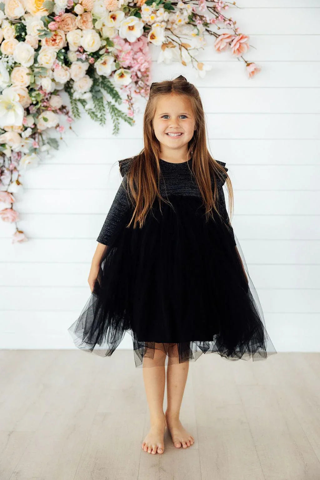 Girls black shimmer tutu dress with flutter sleeves, size 4, party dress by Mila & Rose