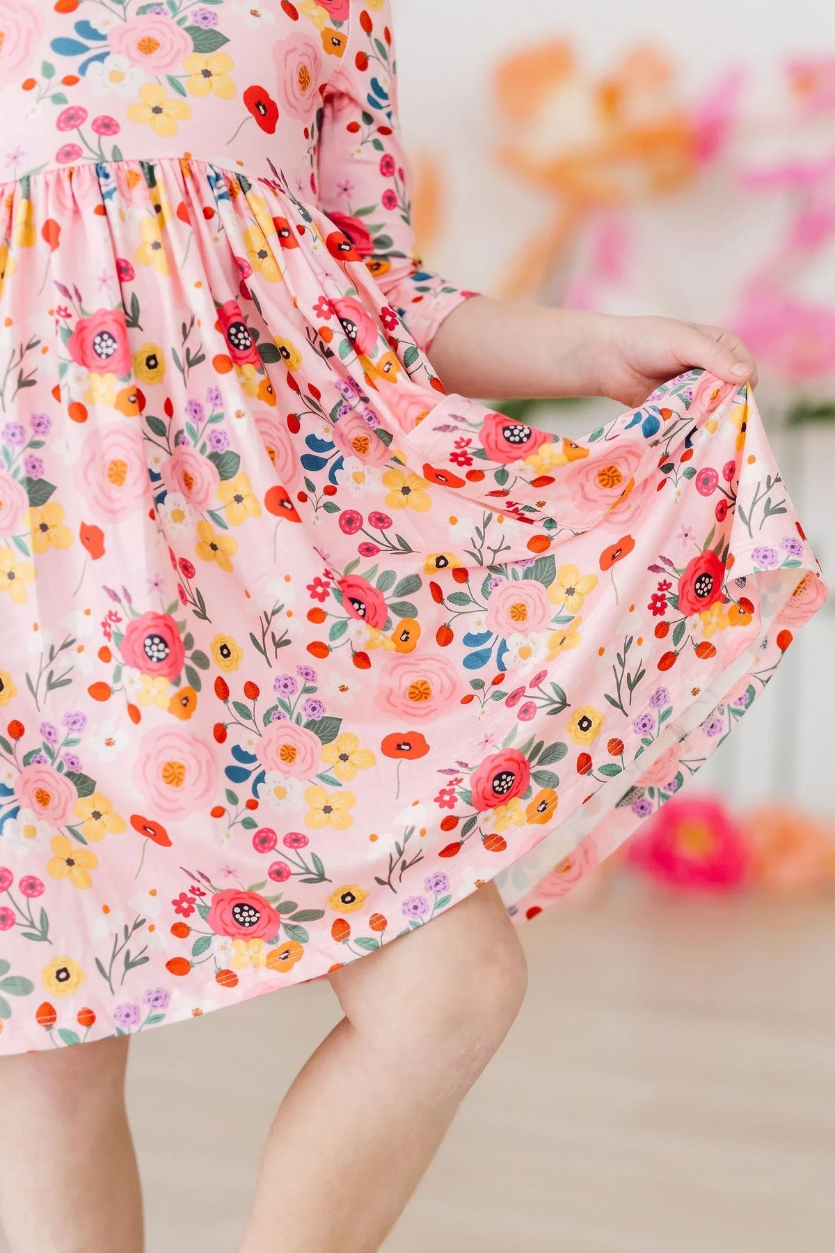 Mila & Rose girls pink floral twirl dress with 3/4 sleeves and colorful flower print