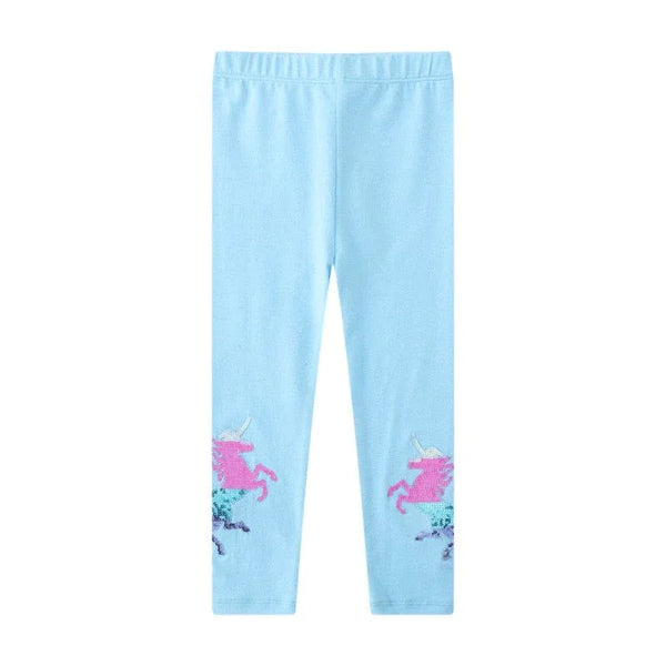 girls pink horse leggings in light blue with pink unicorns on lower legs for kids