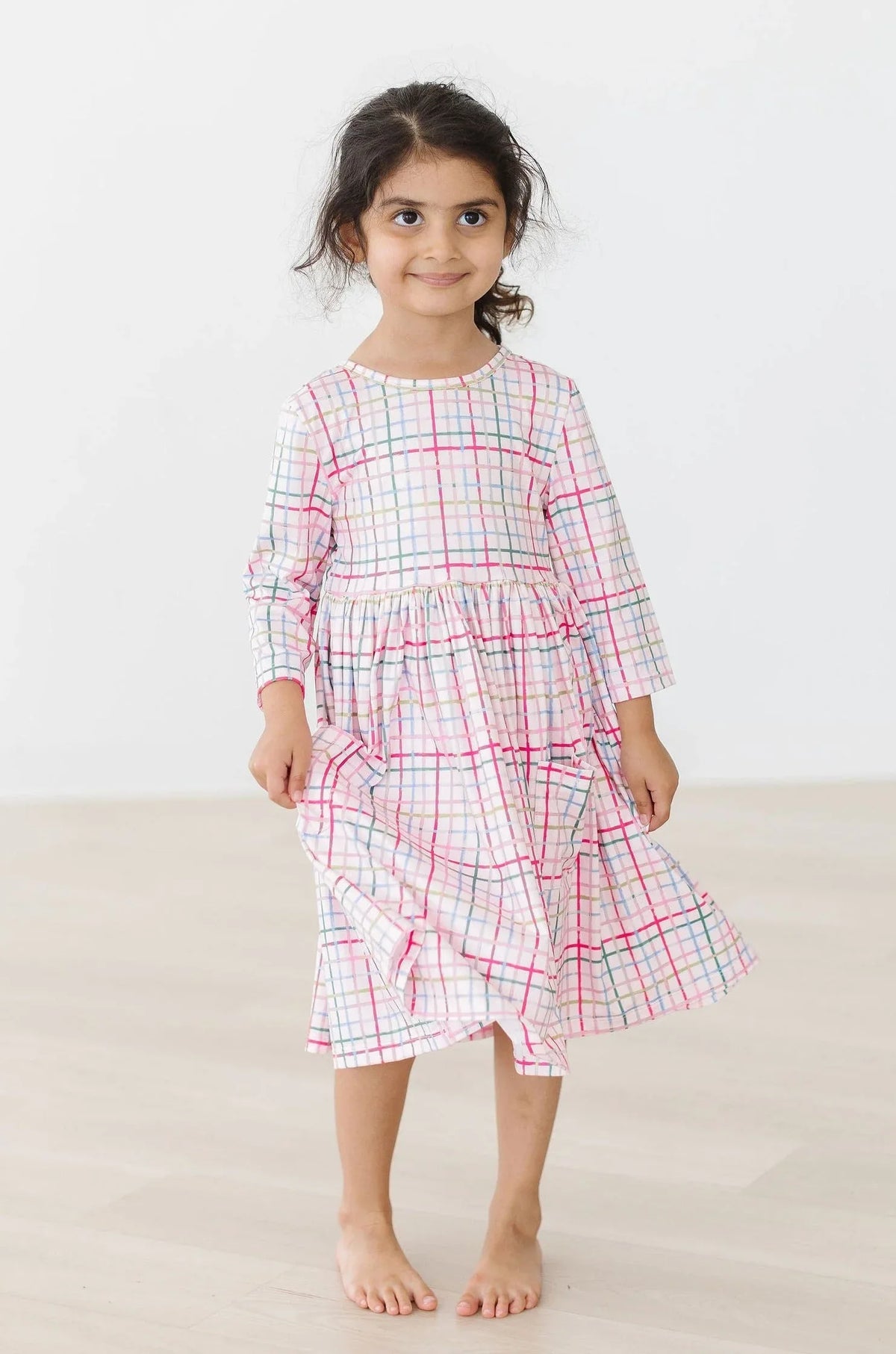 Girls pink plaid twirl dress by Mila Rose, 3/4 sleeve pocket dress for young girls
