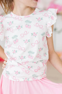 Girls pink ruffle tee shirt with short sleeves and cherry print for young girls