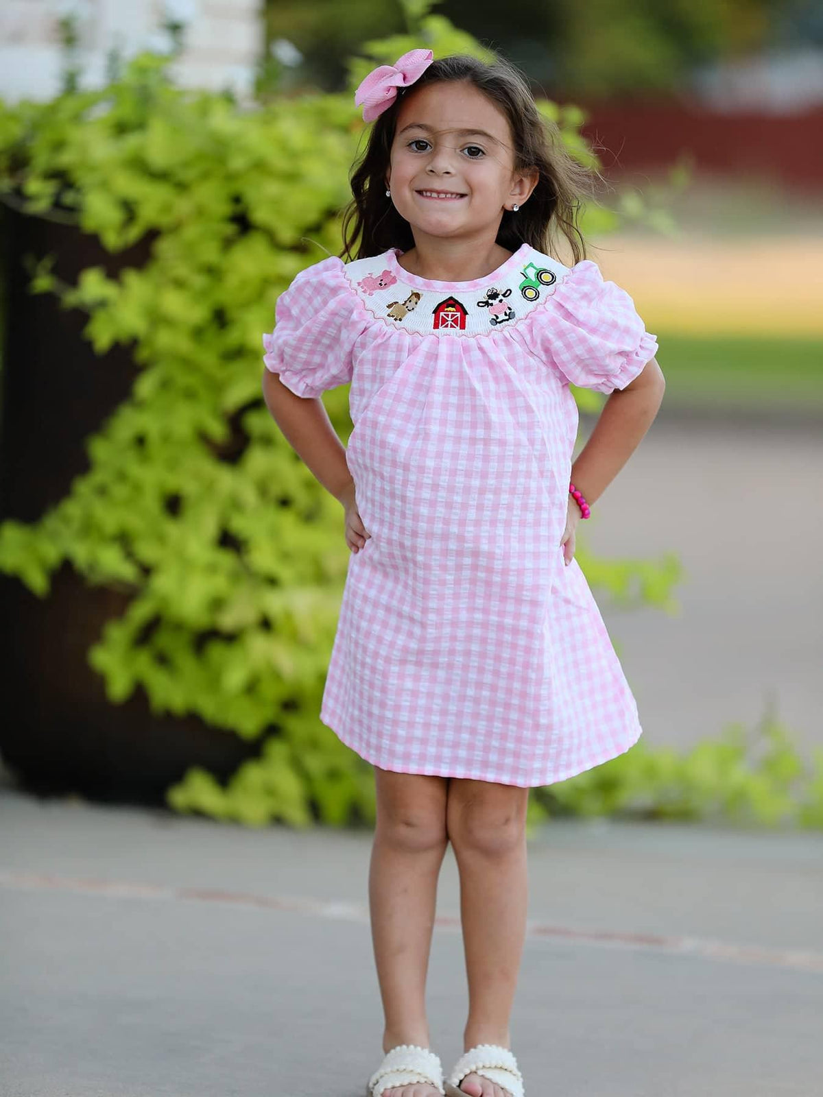 Rylee Faith Designs Girls Pink Smocked Farm Dress - The Palm Beach Baby