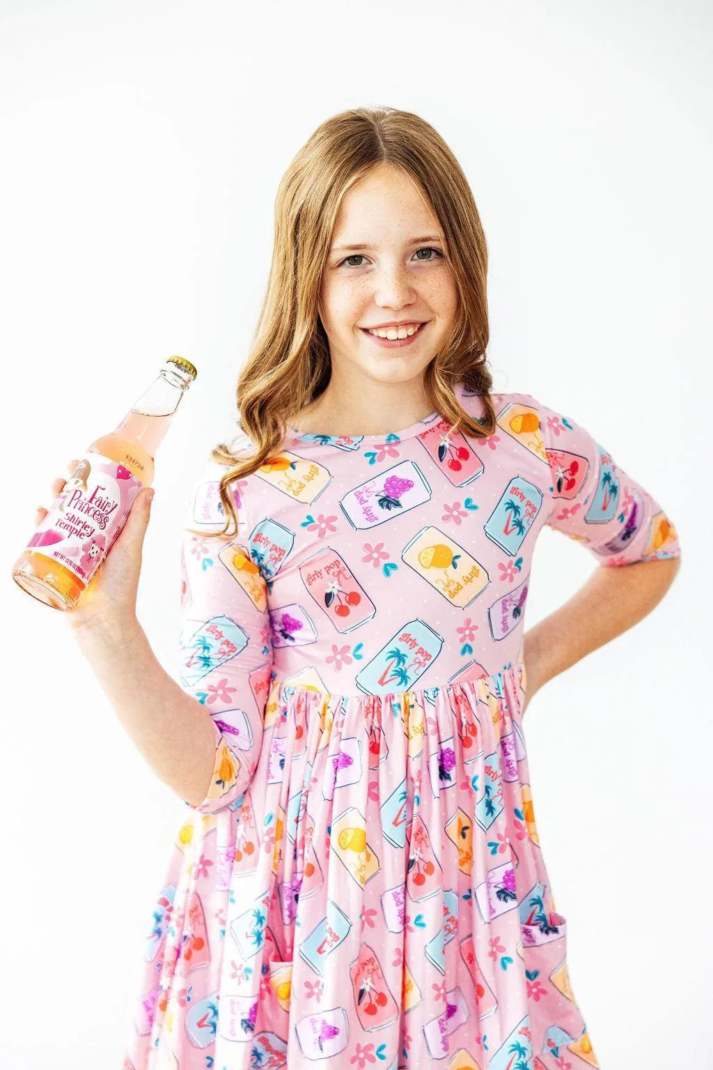 Girls pink twirl dress with colorful fruit card print, 3 4 sleeve, age 7 to 8 years