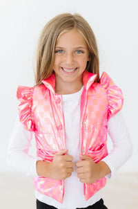 Girls pink checkered puffer vest with ruffle shoulders by Mila & Rose