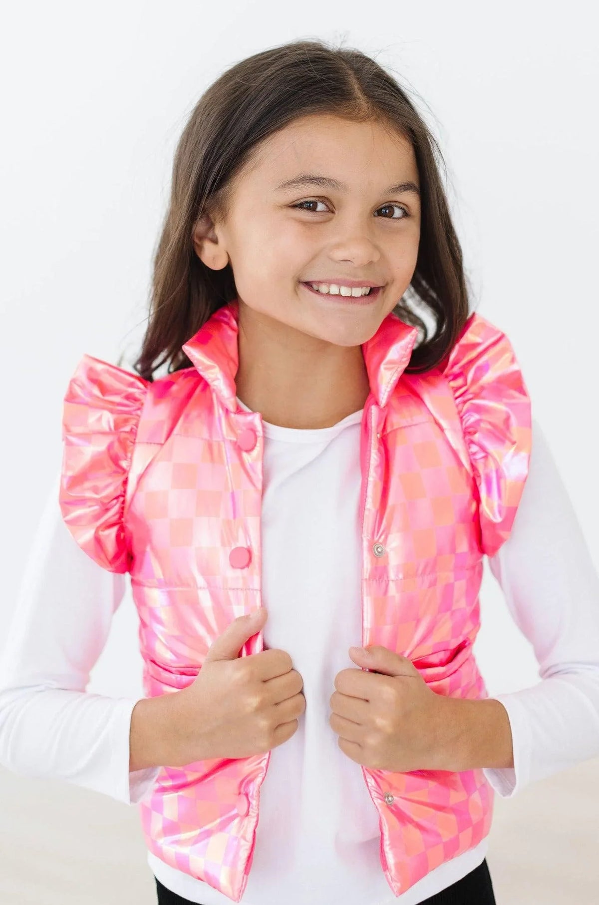 Girls pink checkered puffer vest with ruffled shoulder detail by Mila & Rose